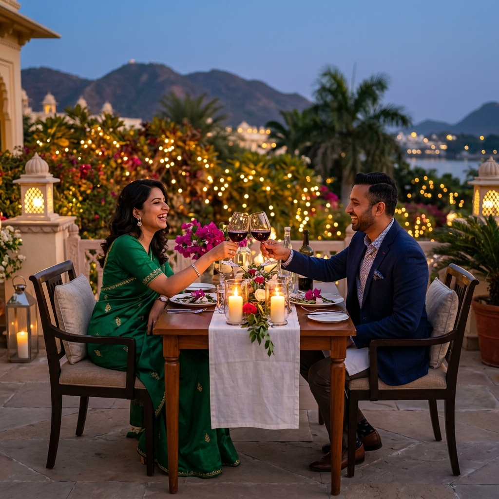 Indian parents dining under fairy lights