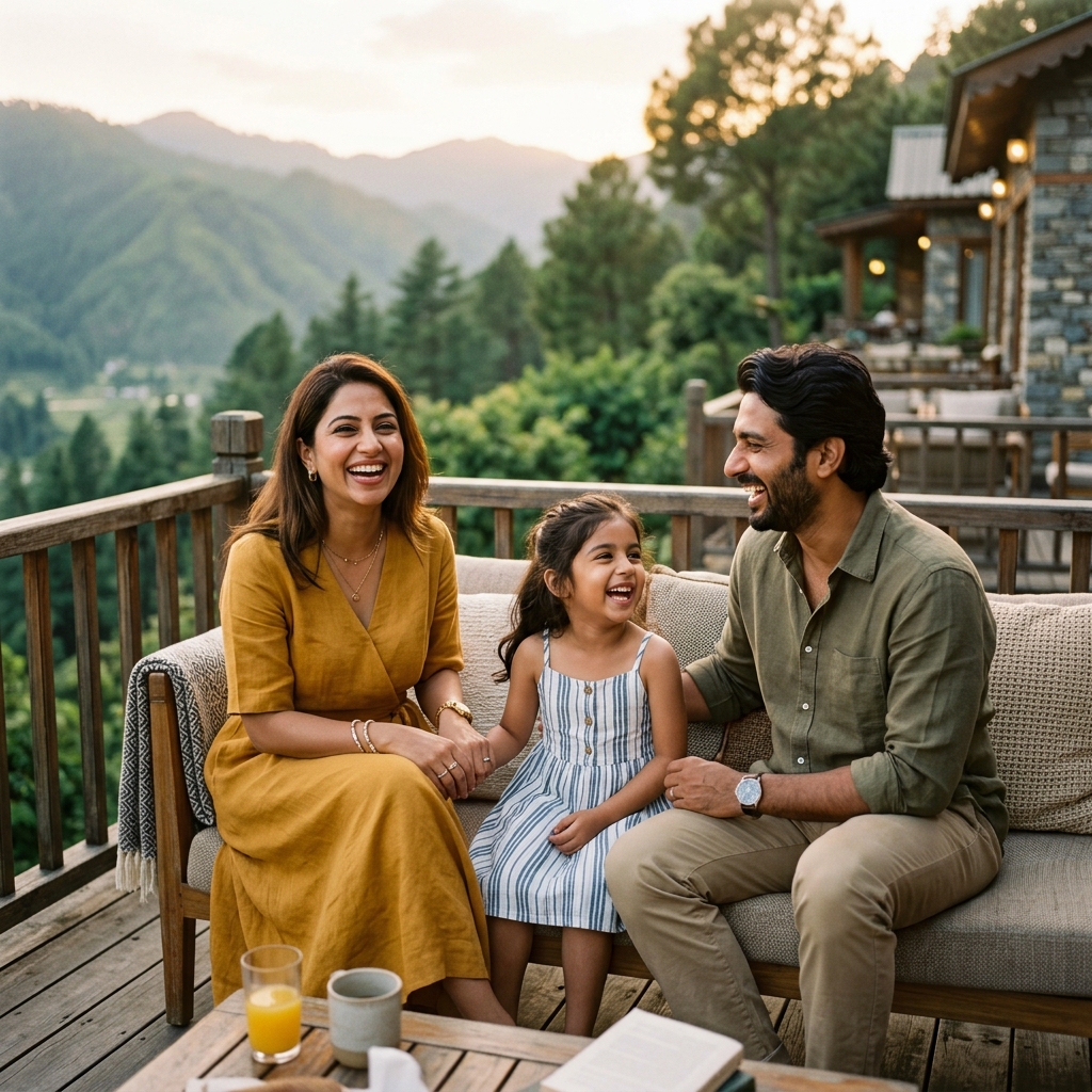 Indian family laughing together at a luxury resort