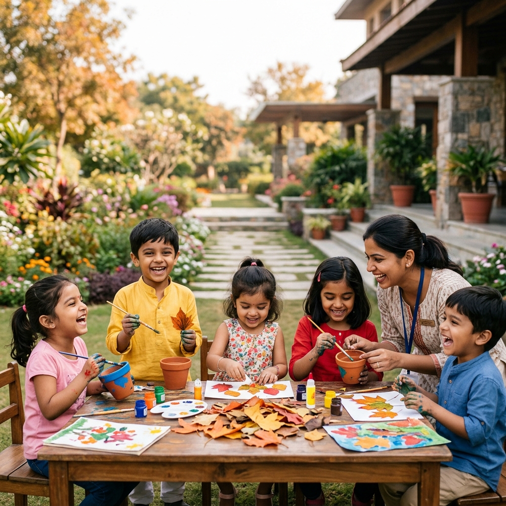 Indian kids painting clay pottery